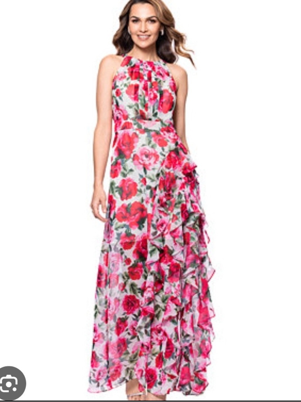 Betsy & Adam Pink Floral Halter Ruffle Maxi Dress